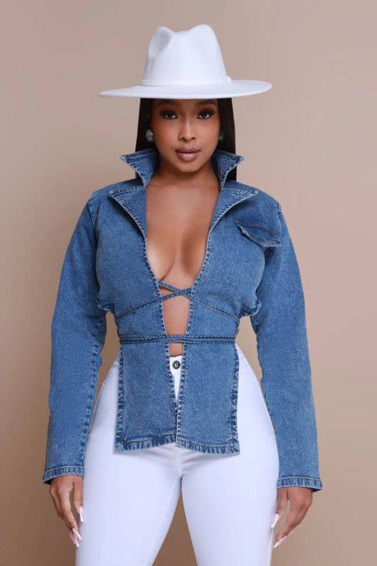 Ladies Collared V-neckline Denim Jacket