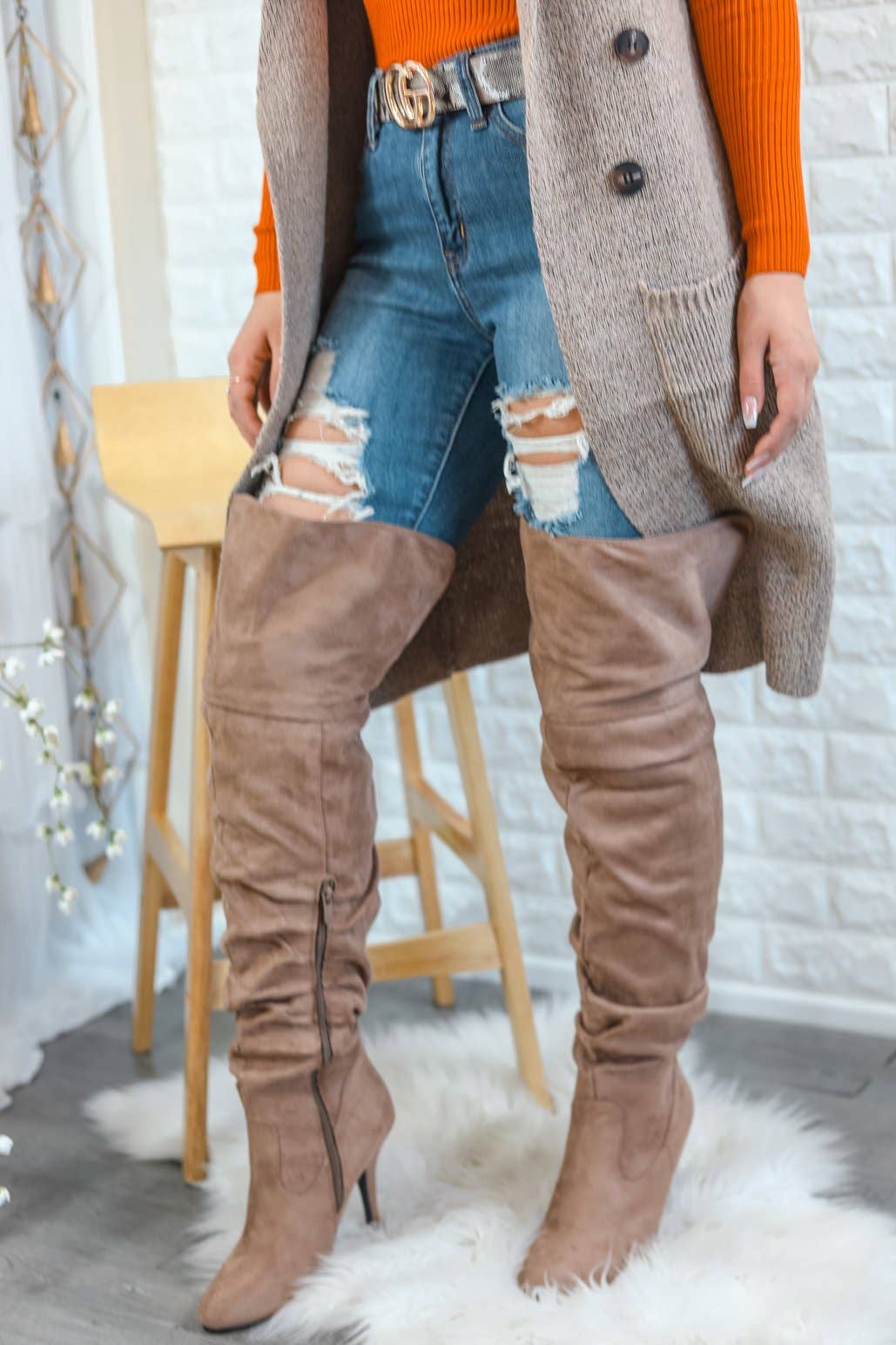 Slouchy Knee and Thigh High Boots Taupe