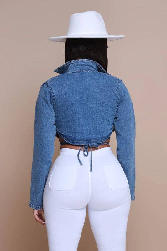 Ladies Collared V-neckline Denim Jacket