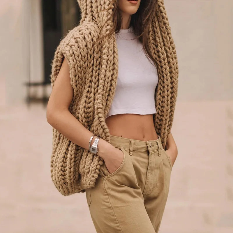 Solid Hooded Knitted Cardigan